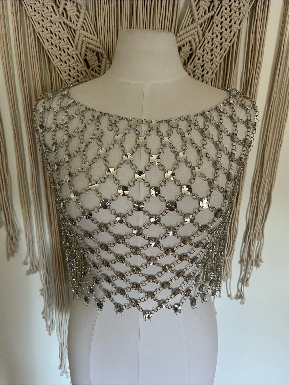 Zara Silver Sequin and Chain Mesh Crop Top